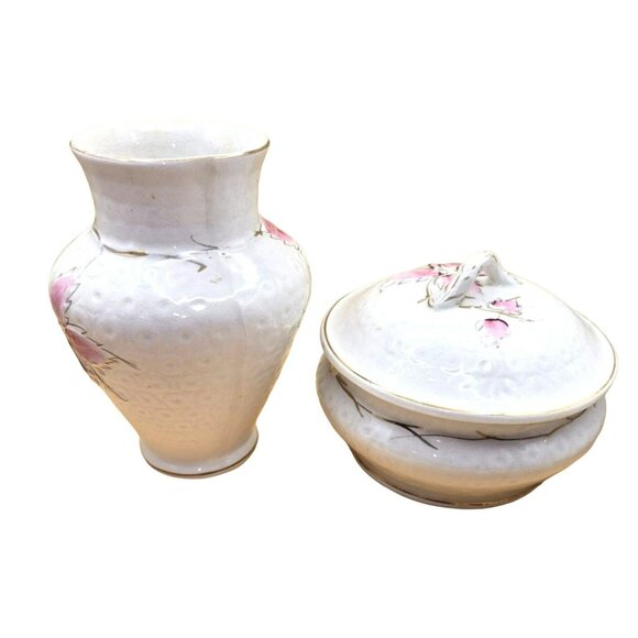 Wheeling Pottery Vase & Covered Dish Set Hand-Painted Floral Porcelain JJ3678 - Picture 12 of 12